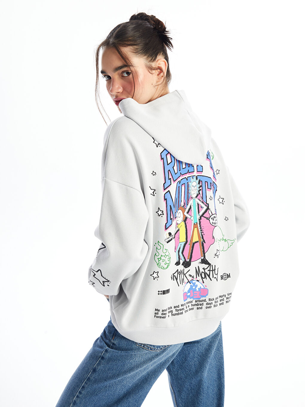 XSIDE Açık Gri Rick and Morty Baskılı Uzun Kollu Oversize Kadın Hoodie