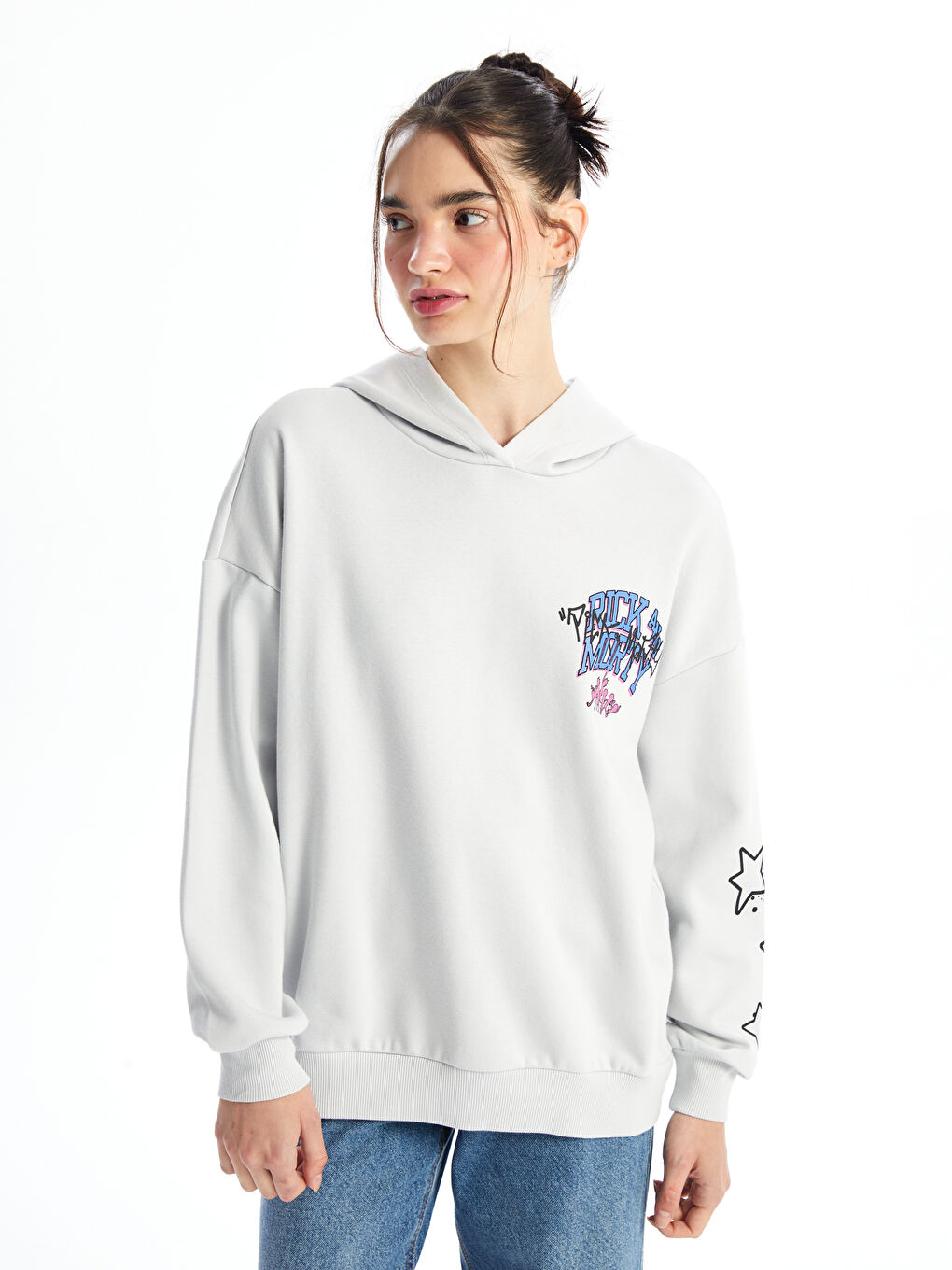 XSIDE Açık Gri Rick and Morty Baskılı Uzun Kollu Oversize Kadın Hoodie - 3