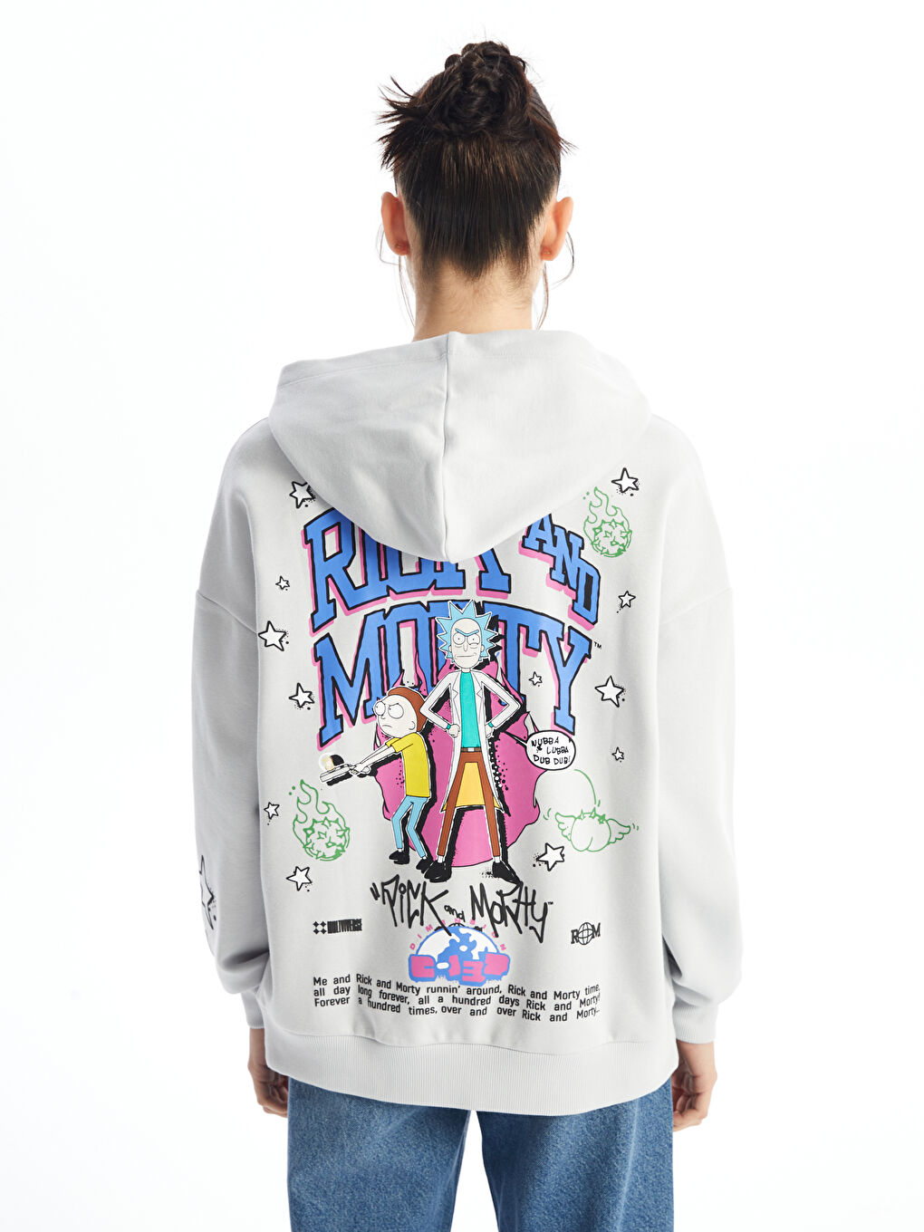 XSIDE Açık Gri Rick and Morty Baskılı Uzun Kollu Oversize Kadın Hoodie - 4