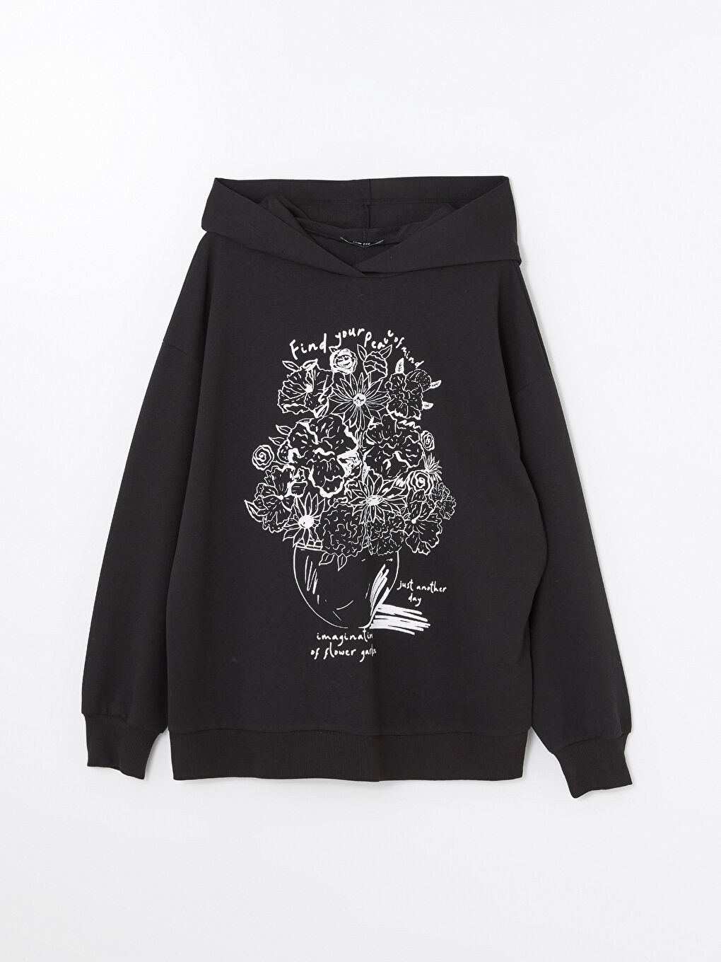 LCW ECO Siyah Baskılı Uzun Kollu Oversize Kadın Kalın Hoodie - 4