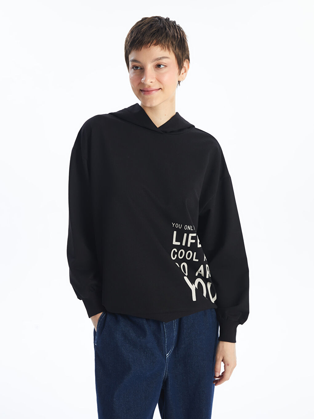 LCW ECO Siyah Baskılı Uzun Kollu Oversize Kadın Kalın Hoodie