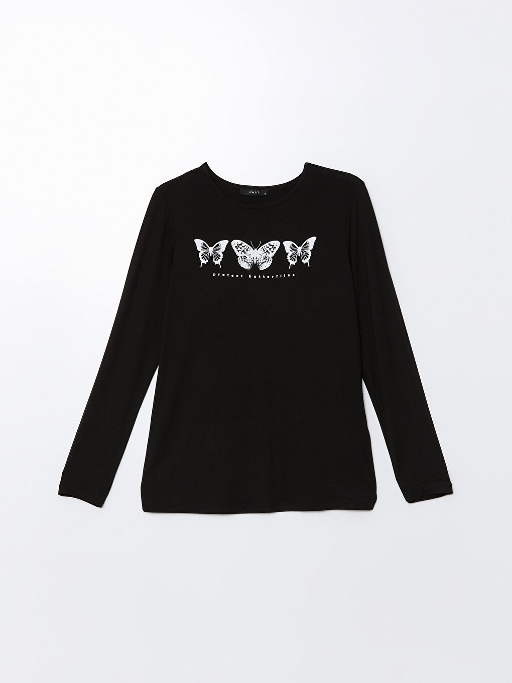 Siyah Bisiklet Yaka Baskılı Kadın Tişört-4