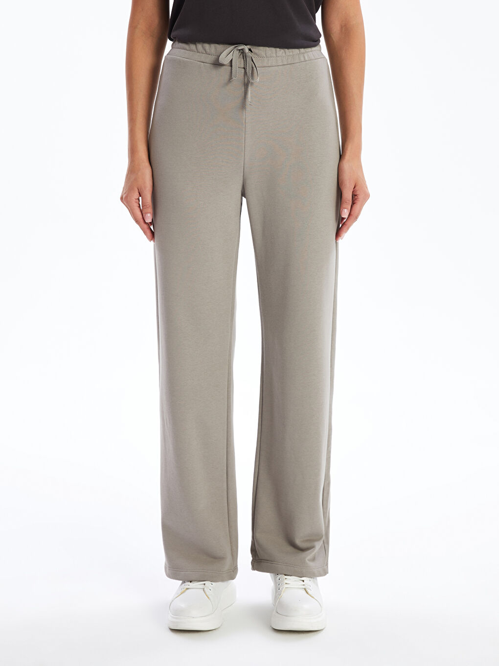 Gri Beli Lastikli Düz Geniş Paça Kadın Eşofman Altı-1