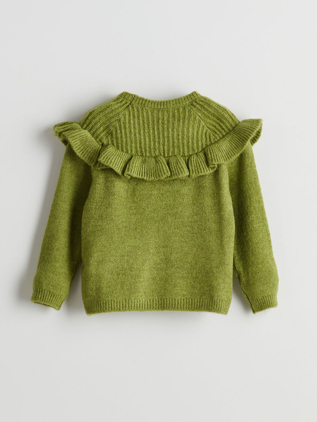 Yeşil Bisiklet Yaka Fırfır Detaylı Kız Çocuk Triko Kazak-1