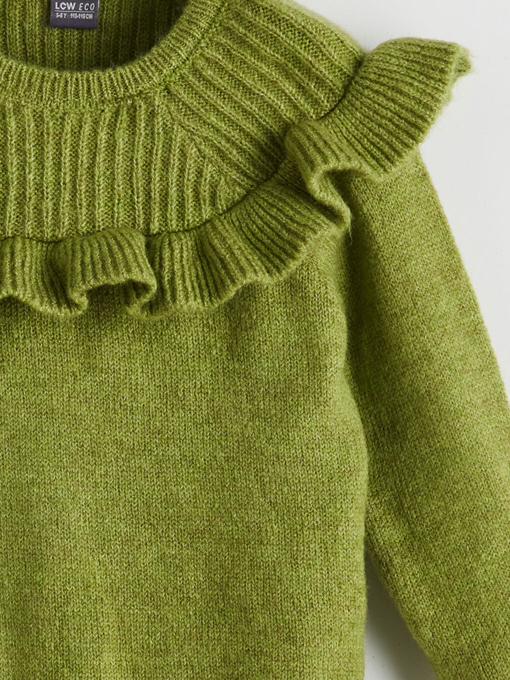 Yeşil Bisiklet Yaka Fırfır Detaylı Kız Çocuk Triko Kazak-2