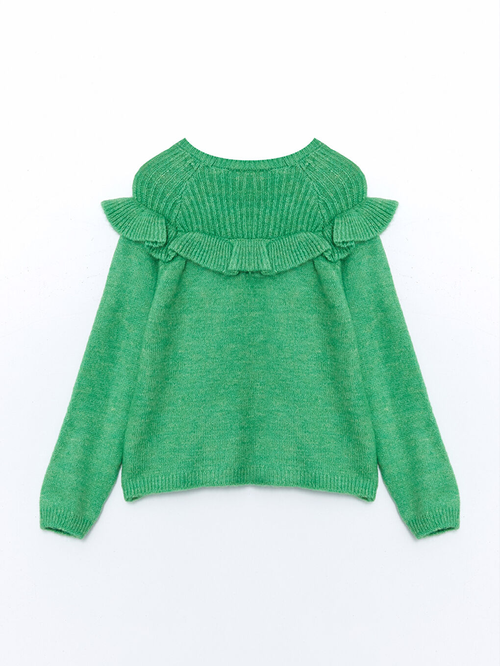 Yeşil Bisiklet Yaka Fırfır Detaylı Kız Çocuk Triko Kazak-1