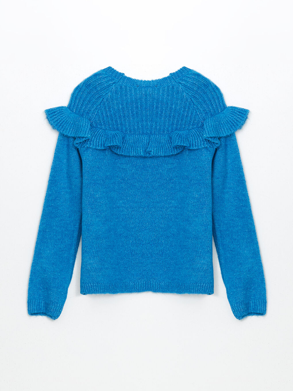 Mavi Bisiklet Yaka Fırfır Detaylı Kız Çocuk Triko Kazak-1