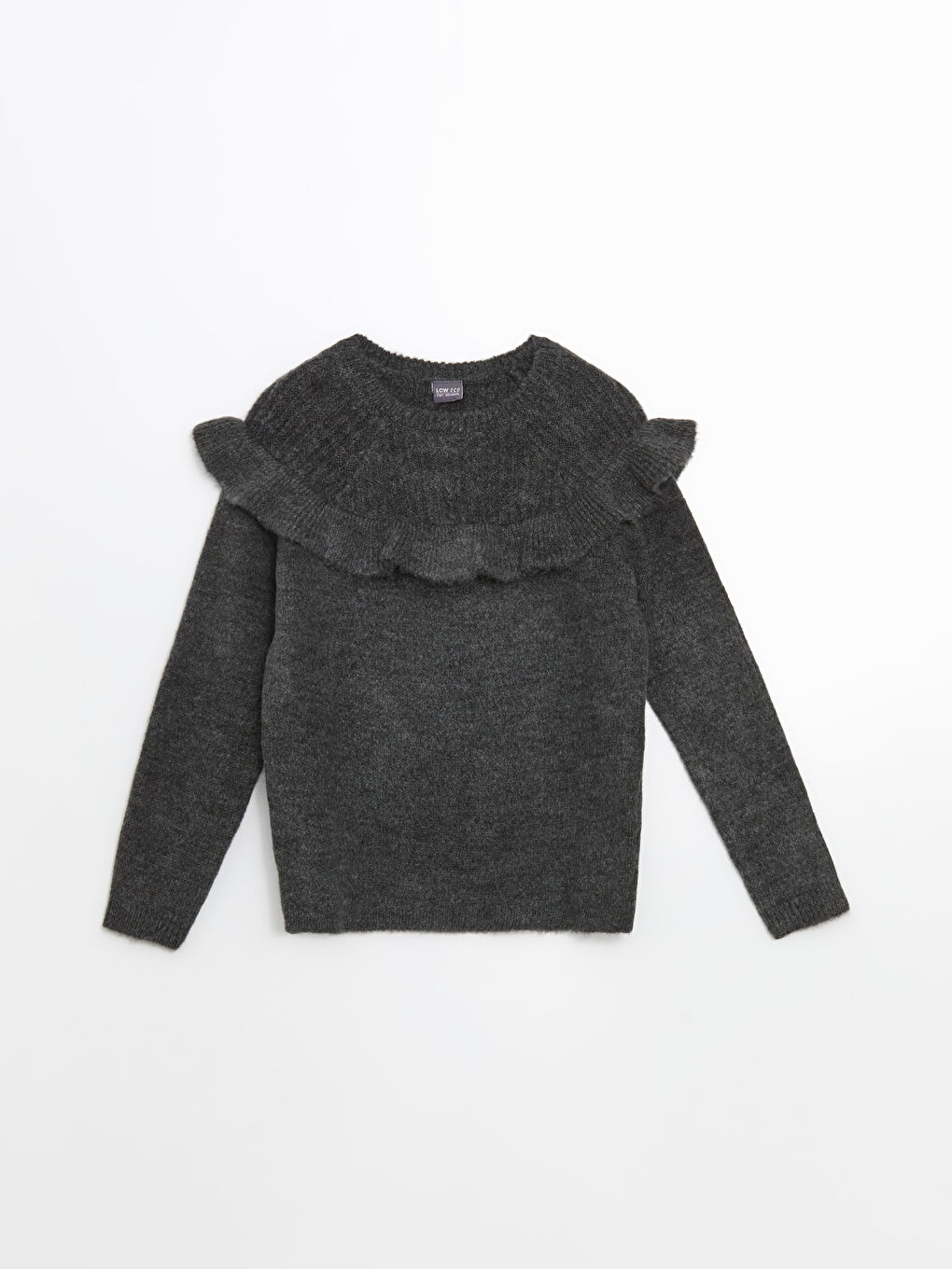 Gri Bisiklet Yaka Fırfır Detaylı Kız Çocuk Triko Kazak