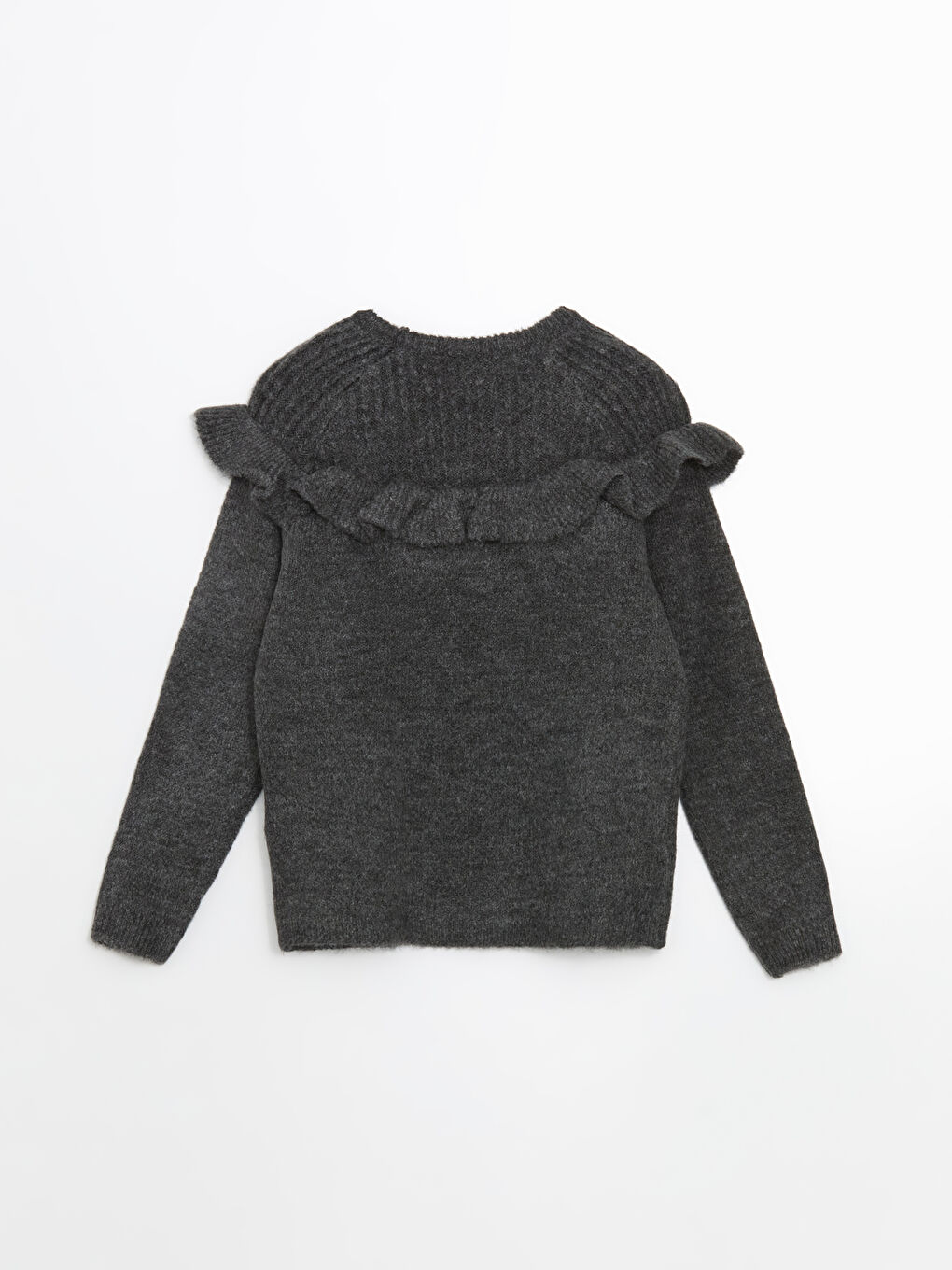 Gri Bisiklet Yaka Fırfır Detaylı Kız Çocuk Triko Kazak-1