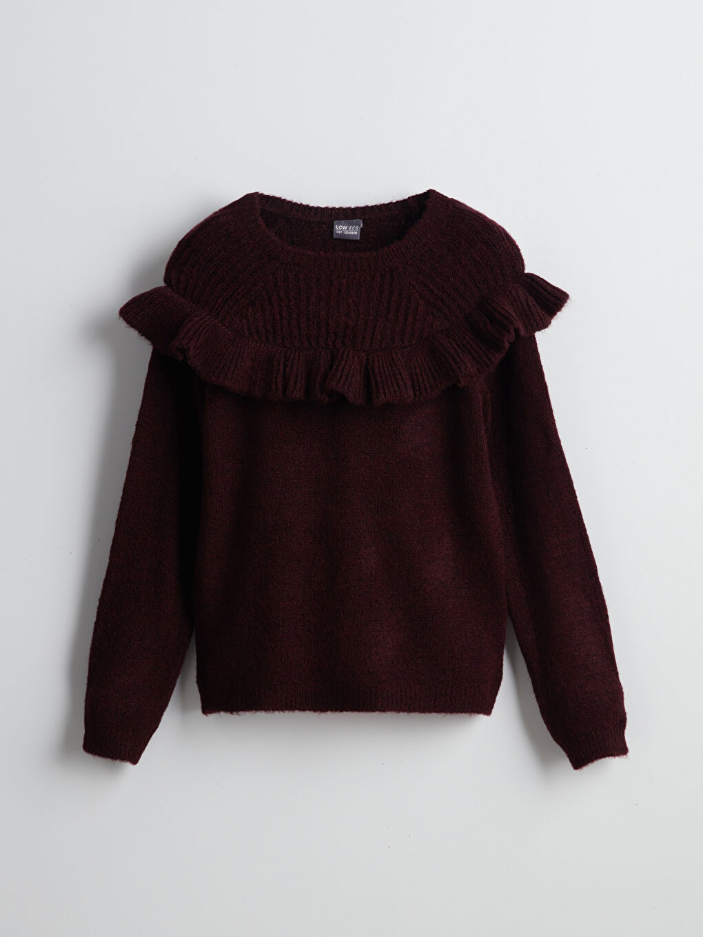 Bordo Bisiklet Yaka Fırfır Detaylı Kız Çocuk Triko Kazak