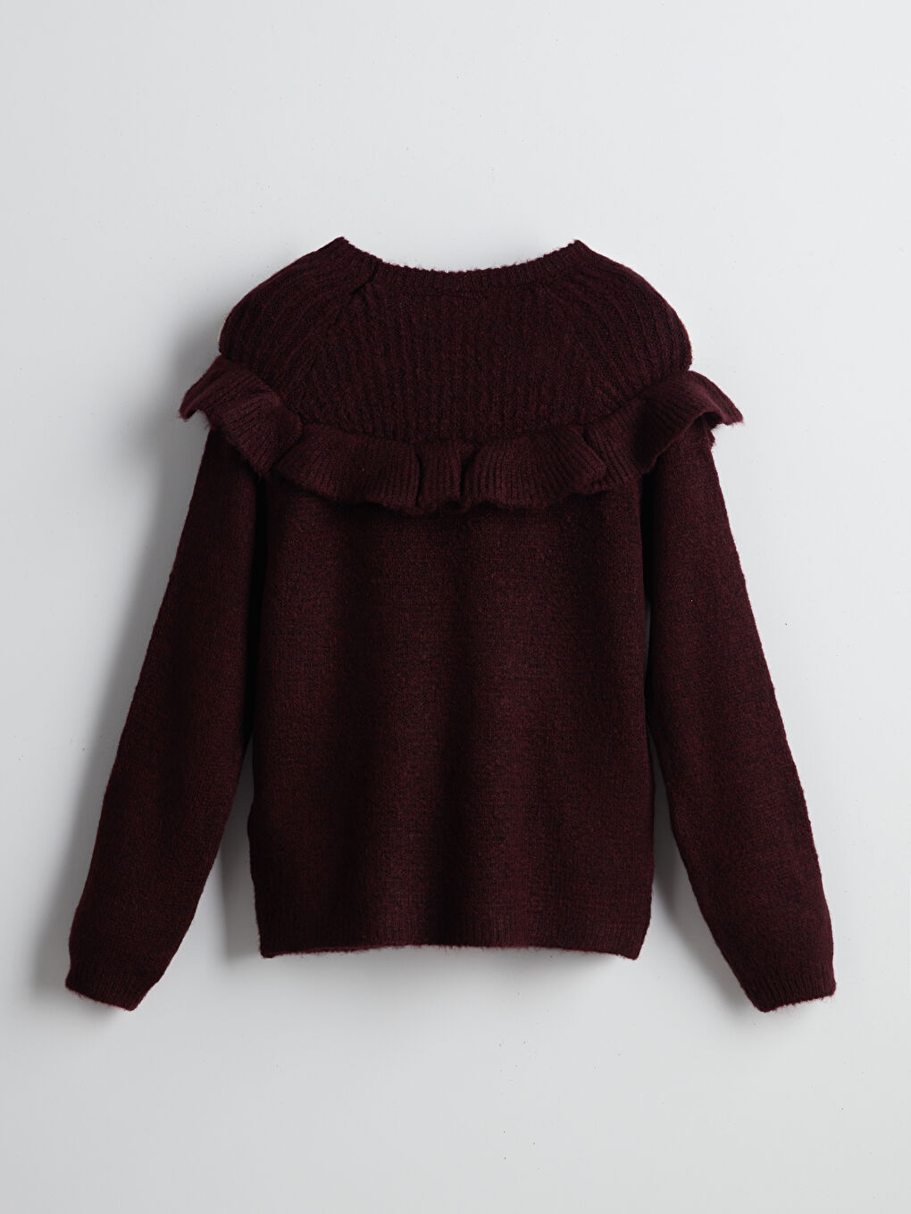 Bordo Bisiklet Yaka Fırfır Detaylı Kız Çocuk Triko Kazak-1