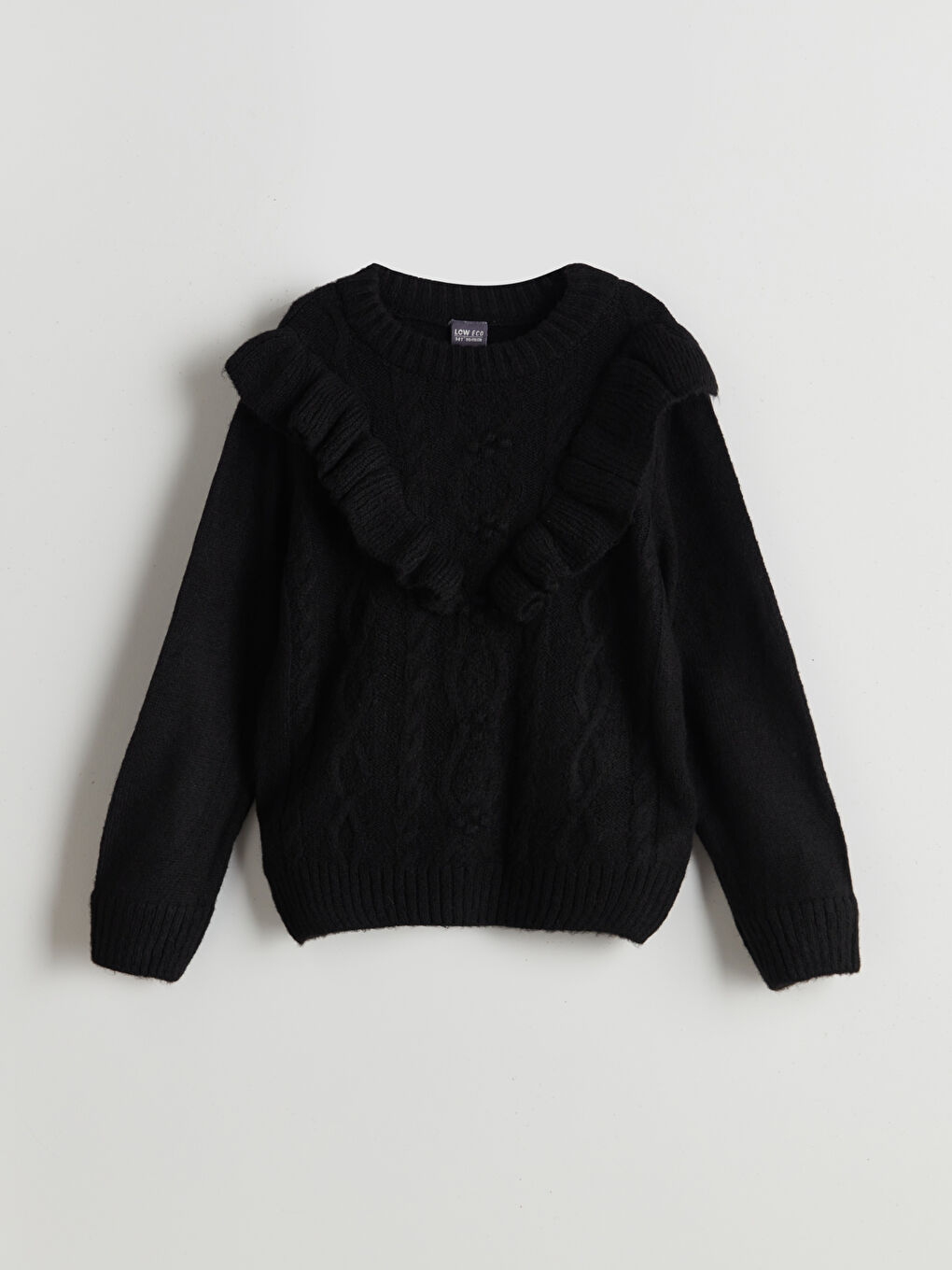 Siyah Bisiklet Yaka Fırfır Detaylı Kız Çocuk Triko Kazak