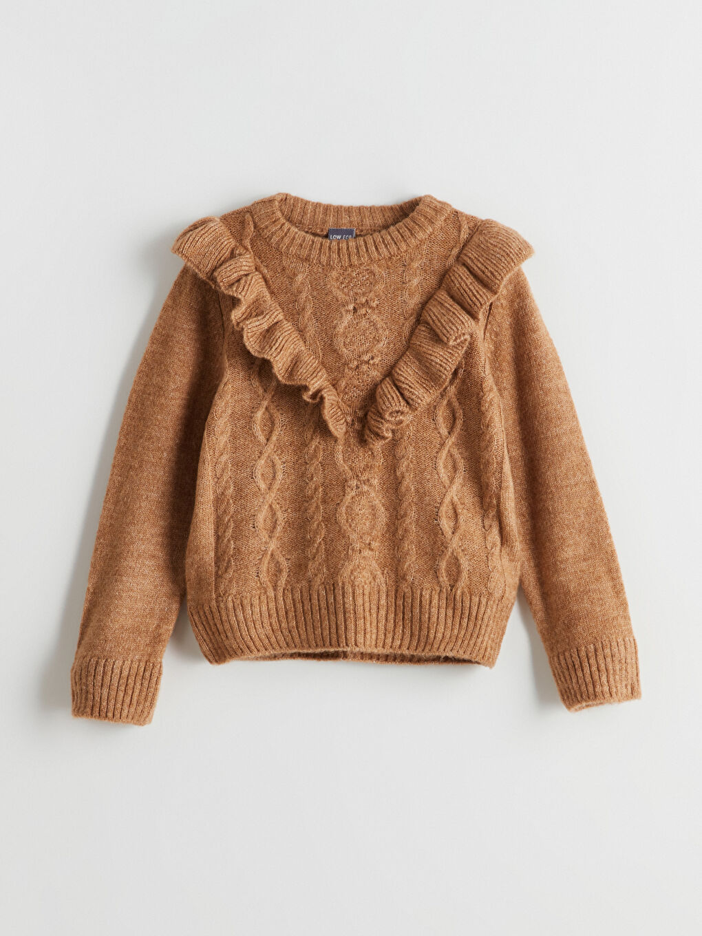 Kahverengi Bisiklet Yaka Fırfır Detaylı Kız Çocuk Triko Kazak