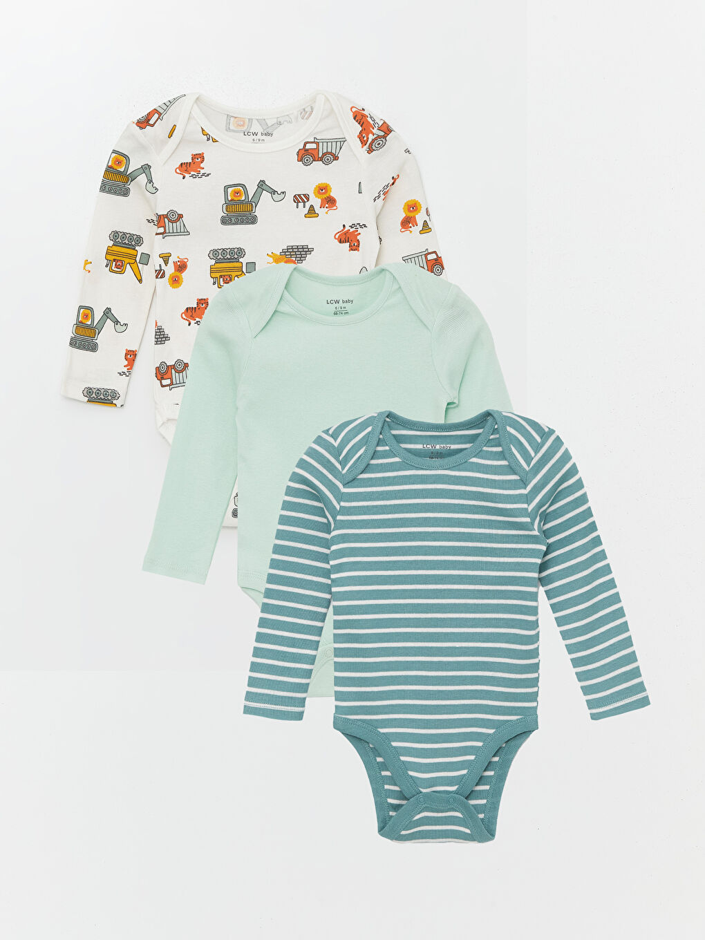 Crew Neck Long Sleeve Printed Baby Boy Bodysuit with Snap Fastener 3 Pcs -W4EU10Z1-LRA
