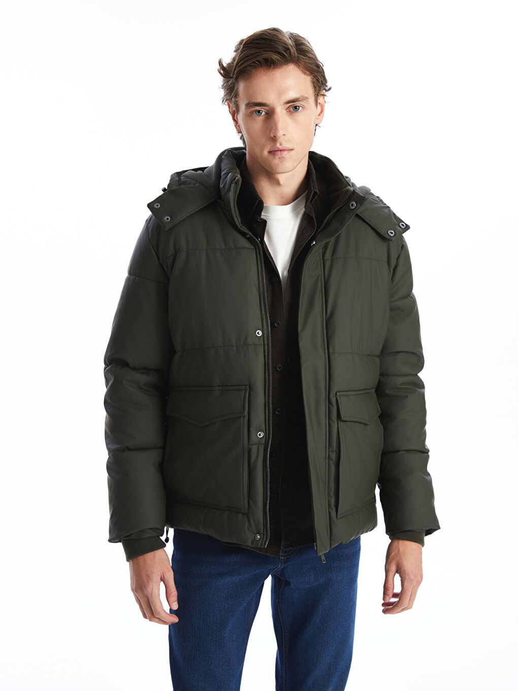 Haki Standart Kalıp Kapüşonlu Erkek Şişme Mont