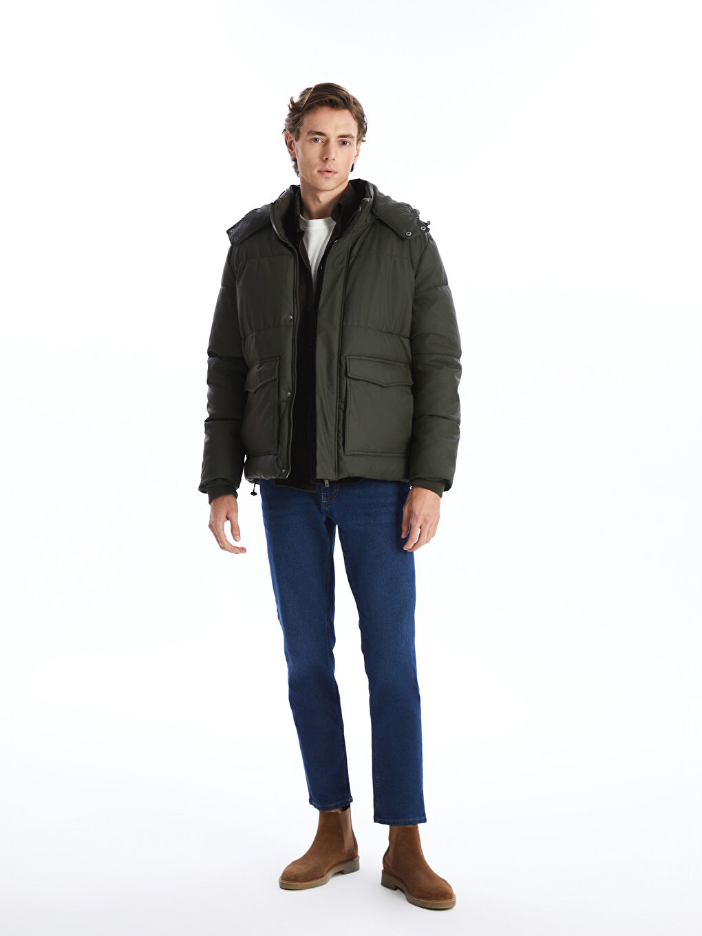 Haki Standart Kalıp Kapüşonlu Erkek Şişme Mont-1