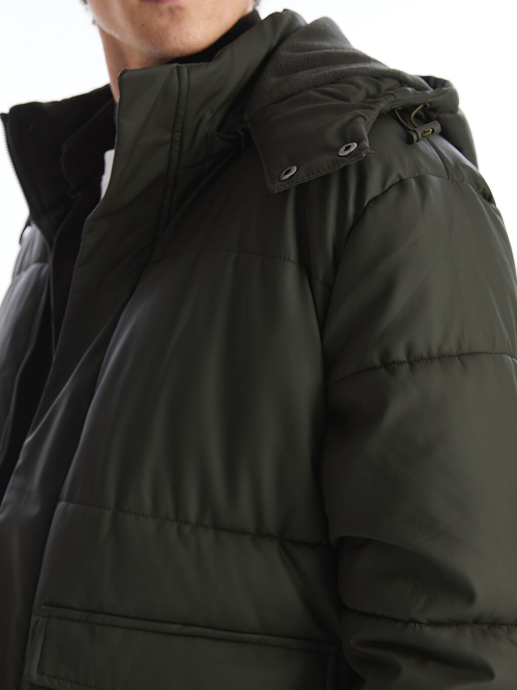 Haki Standart Kalıp Kapüşonlu Erkek Şişme Mont-3