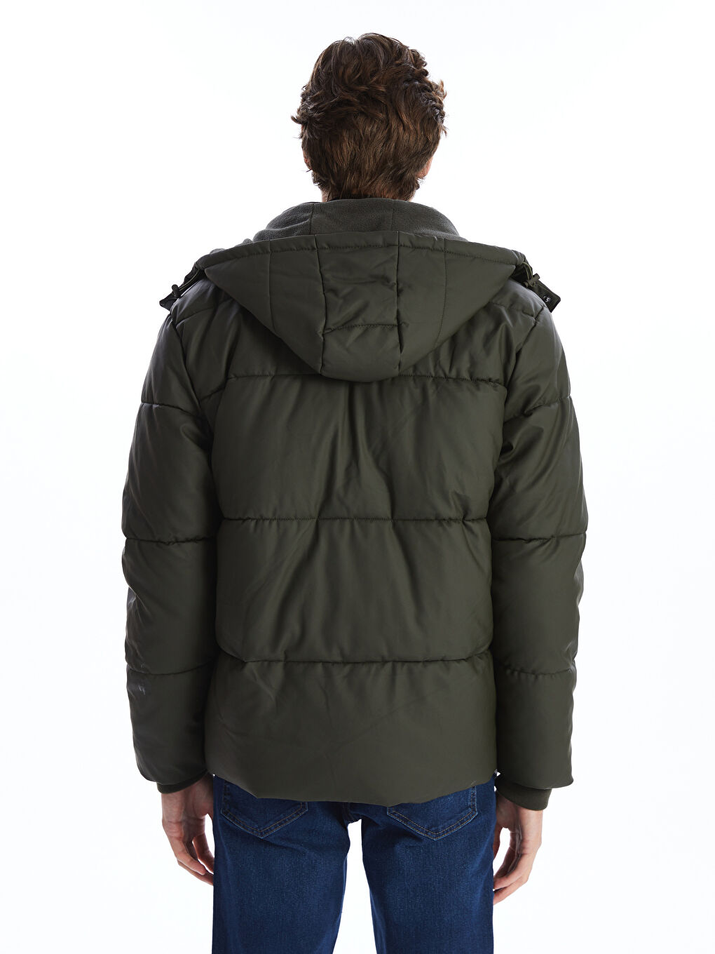 Haki Standart Kalıp Kapüşonlu Erkek Şişme Mont-4