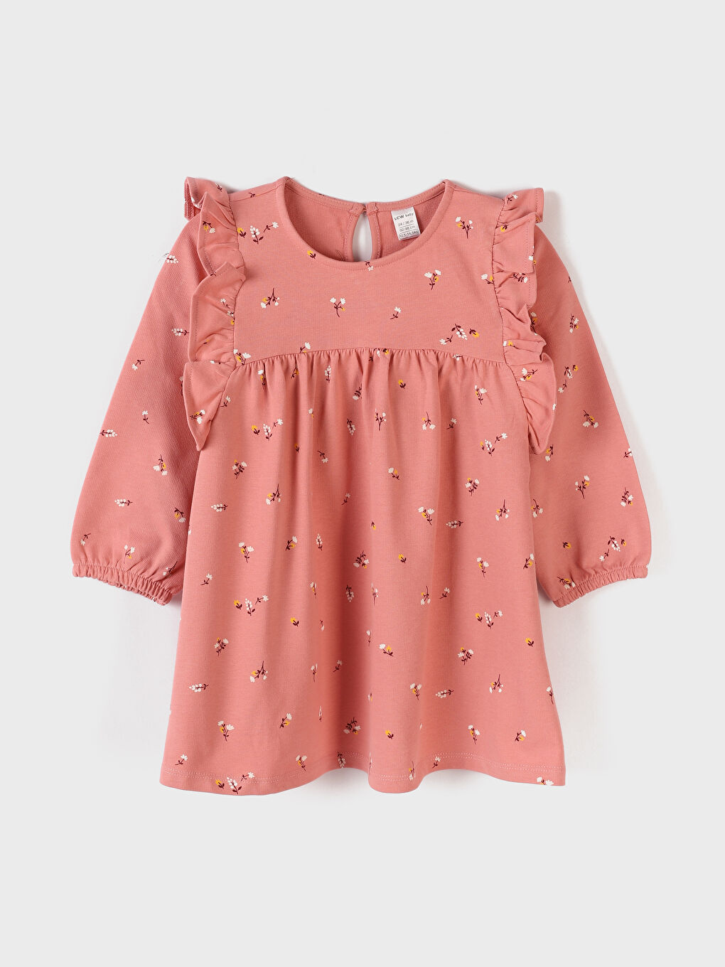 فستان بناتي بأكمام طويلة ونقشة وياقة دائرية