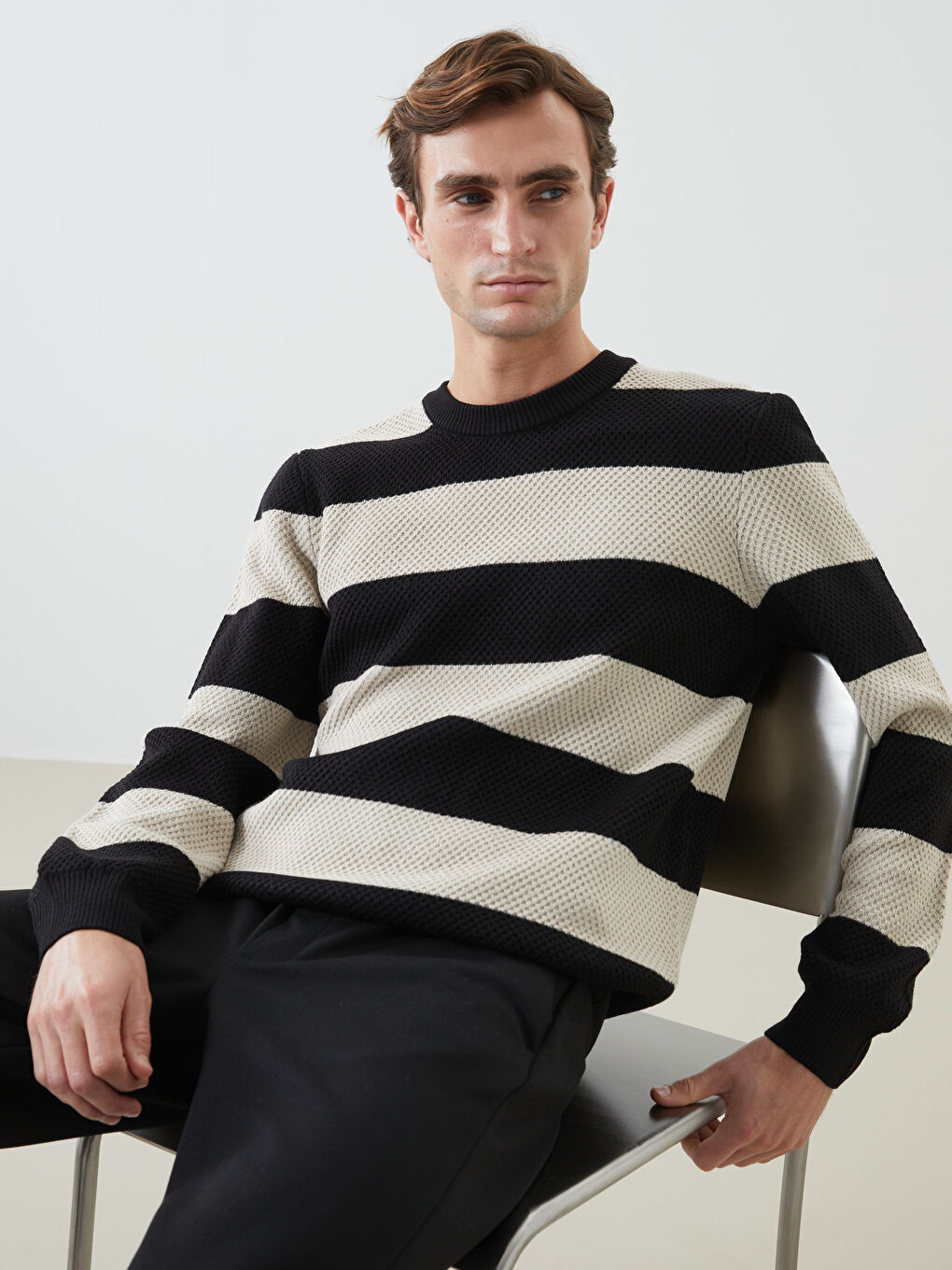 Crew Neck Long Sleeve Striped Men's Knitwear Sweater