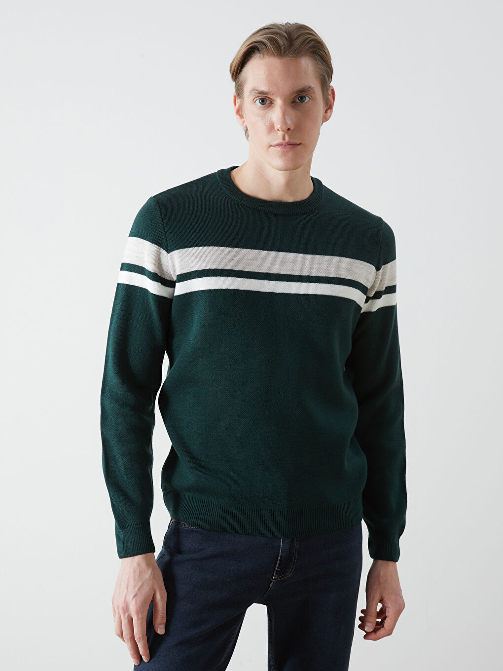Crew Neck Long Sleeve Striped Men's Knitwear Sweater