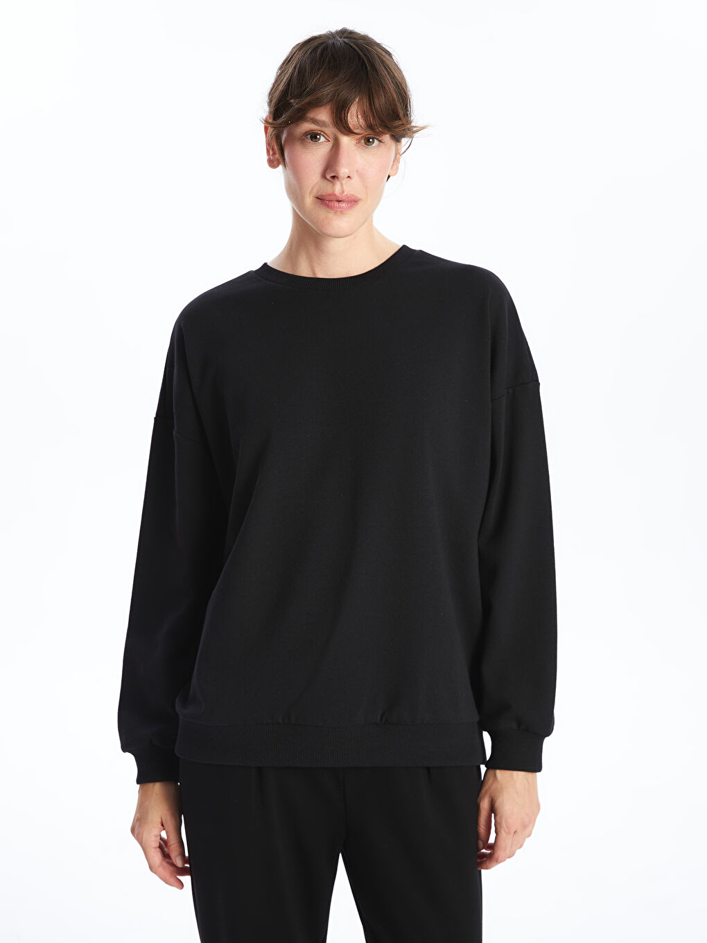 LCW ECO Yeni Siyah Bisiklet Yaka Oversize Kadın Sweatshirt