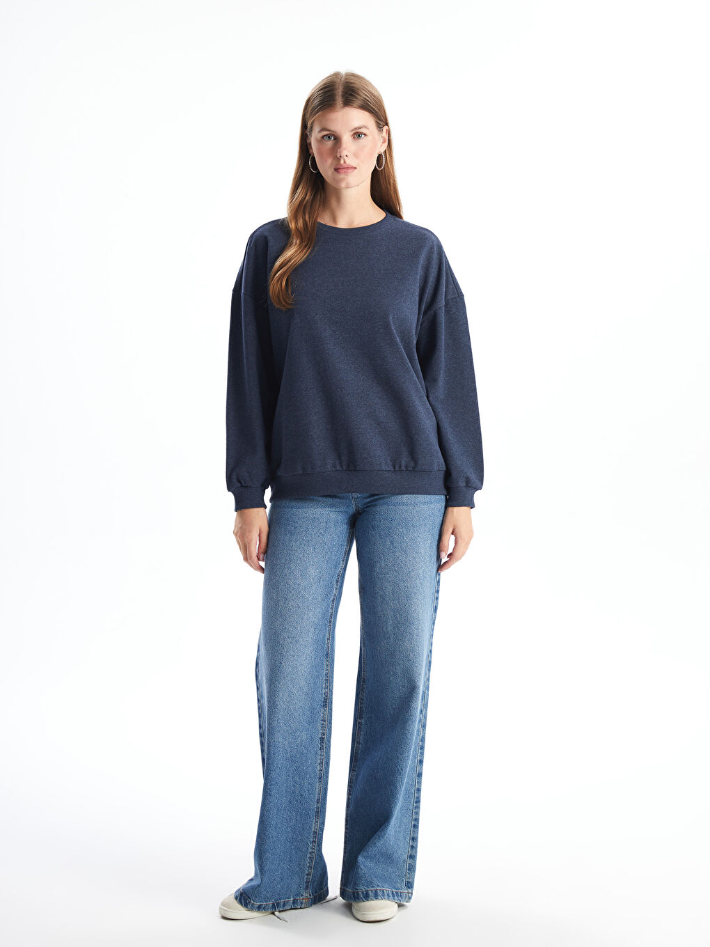 LCW ECO İndigo Bisiklet Yaka Oversize Kadın Sweatshirt - 1