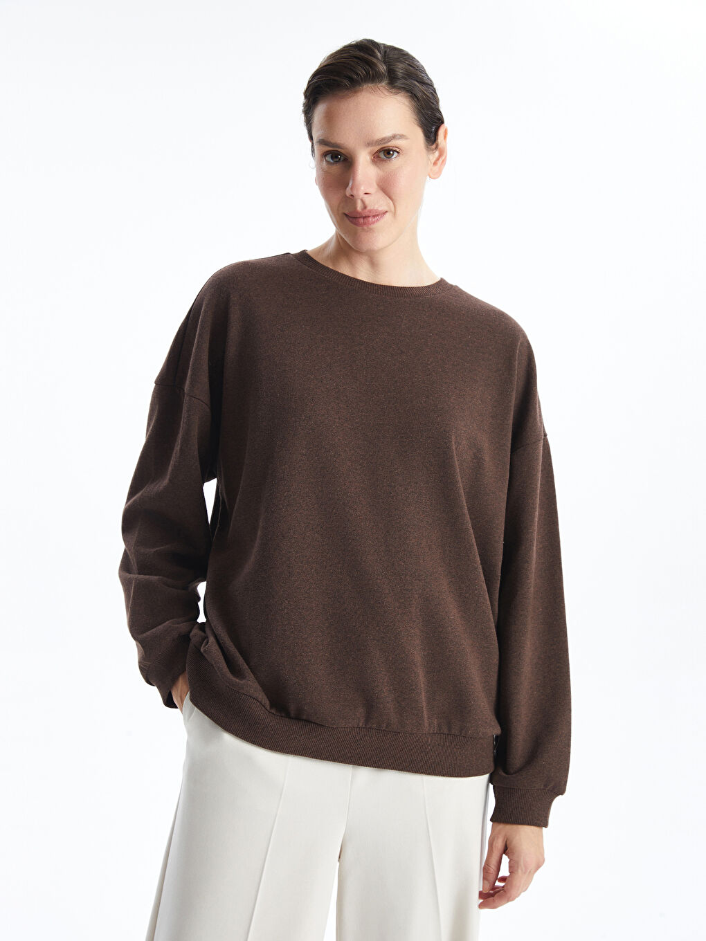 LCW ECO Mat Kahverengi Bisiklet Yaka Oversize Kadın Sweatshirt