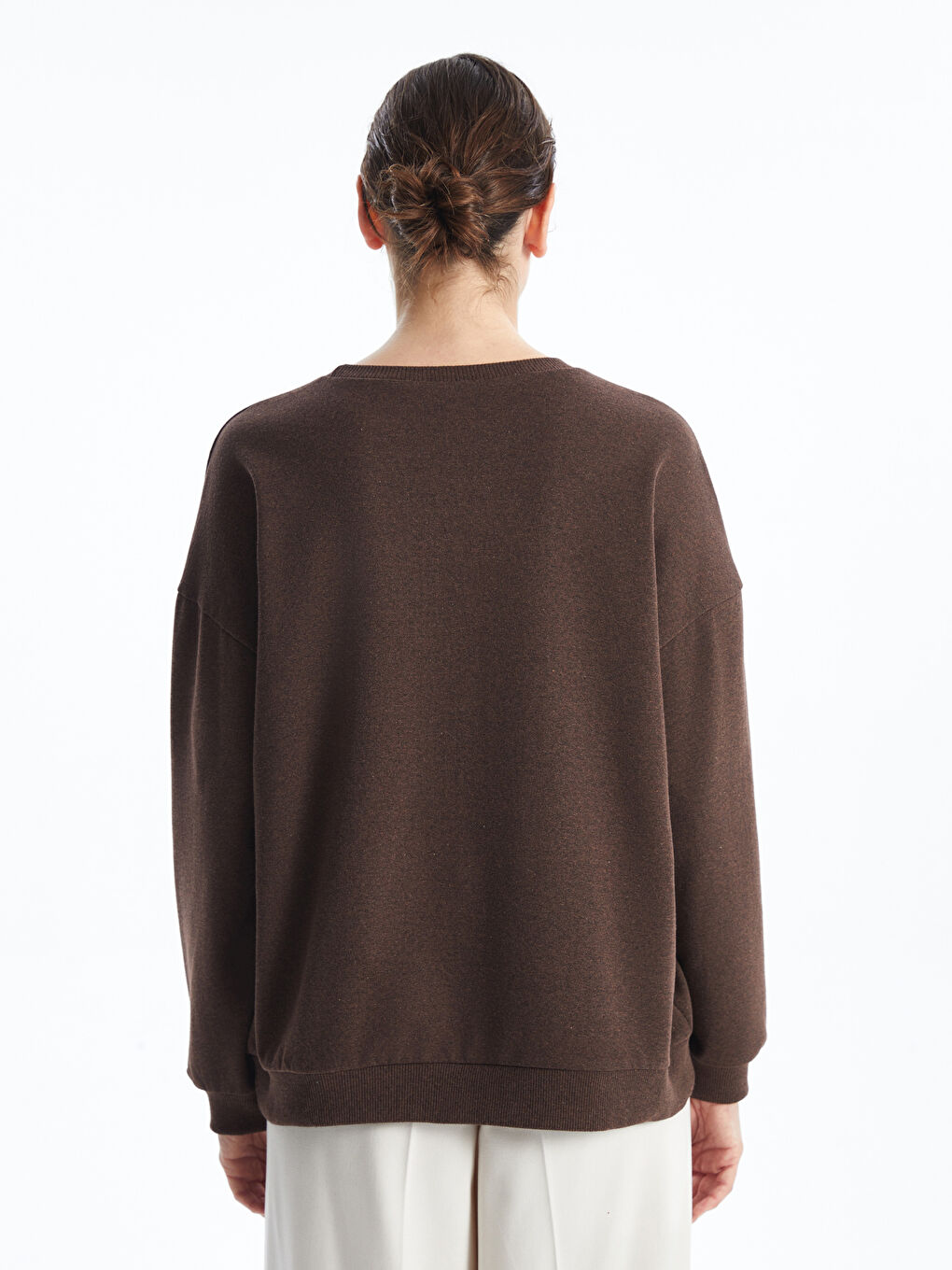 LCW ECO Mat Kahverengi Bisiklet Yaka Oversize Kadın Sweatshirt - 3