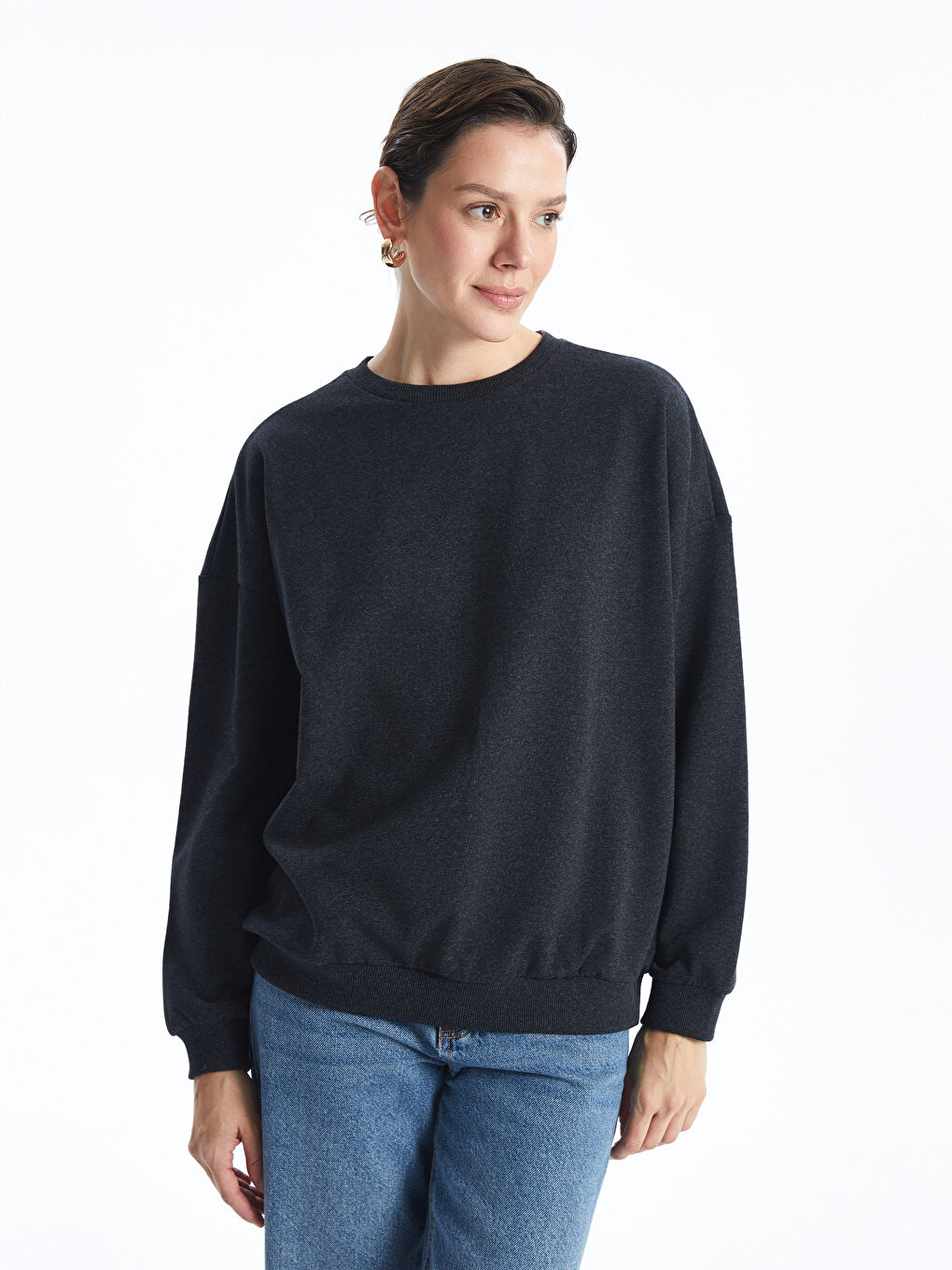 LCW ECO Antrasit Bisiklet Yaka Oversize Kadın Sweatshirt