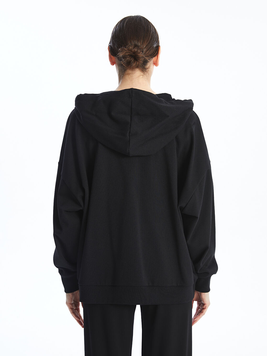 LCW ECO Yeni Siyah Kapüşonlu Oversize Kadın Fermuarlı Sweatshirt - 3