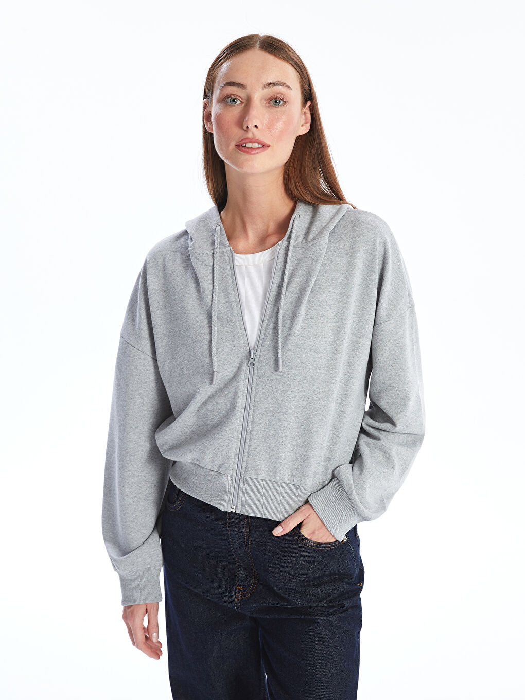 LCW ECO Grey Mel - Lacivert Kapüşonlu Düz Oversize Kadın Fermuarlı Sweatshirt