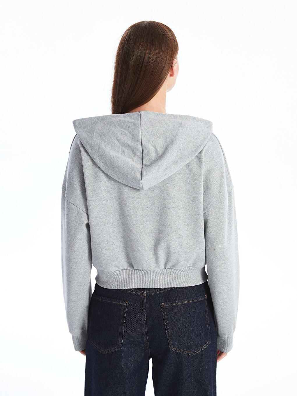 LCW ECO Grey Mel - Lacivert Kapüşonlu Düz Oversize Kadın Fermuarlı Sweatshirt - 3