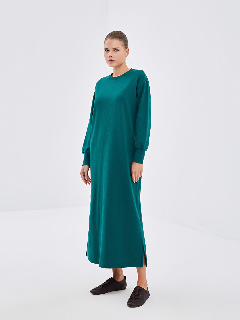 LCW Modest Koyu Yeşil Bisiklet Yaka Kadın Sweatshirt Elbise - 1