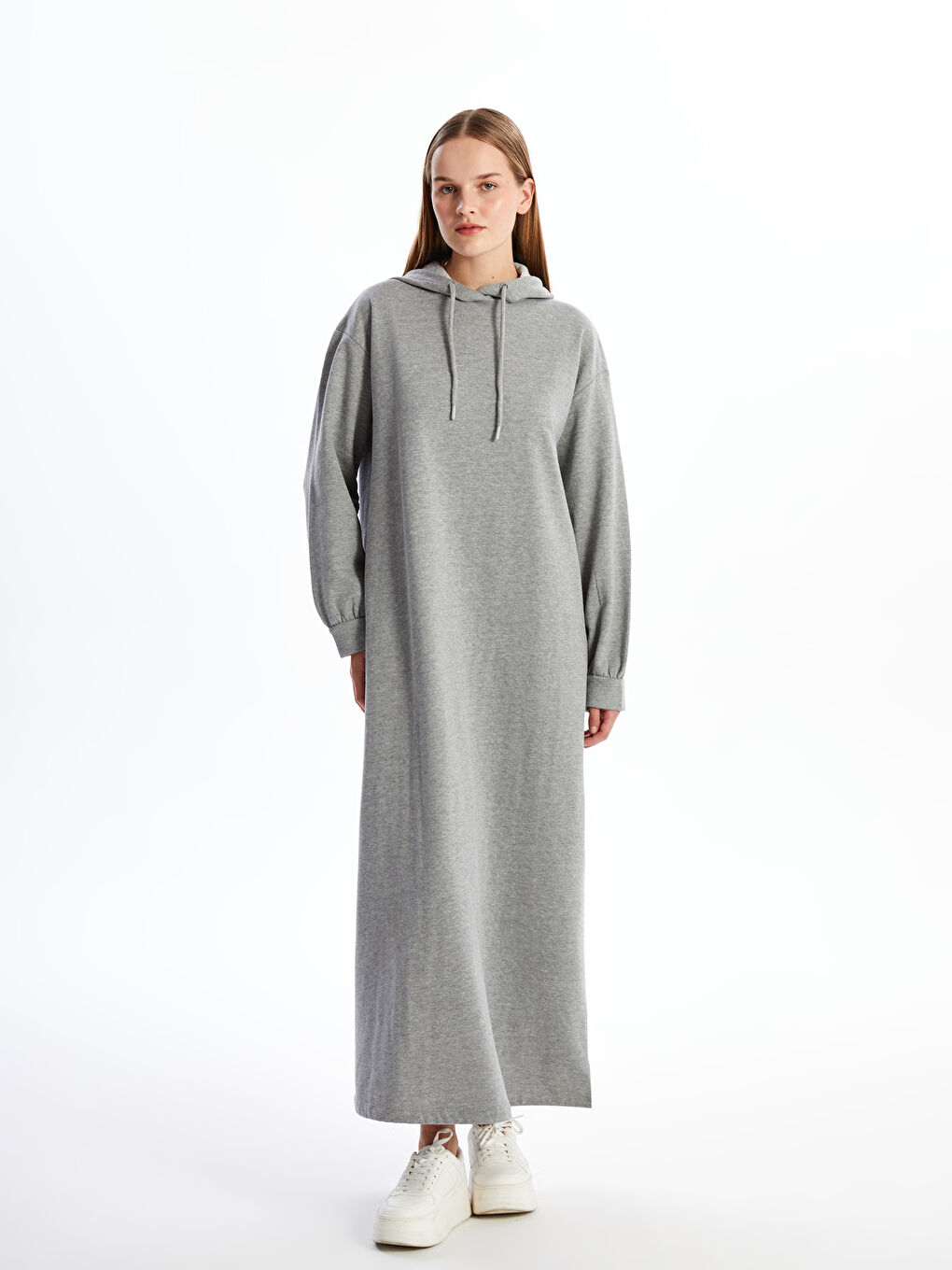 LCW Modest Gri Melanj Kapüşonlu Oversize Kadın Sweatshirt Elbise