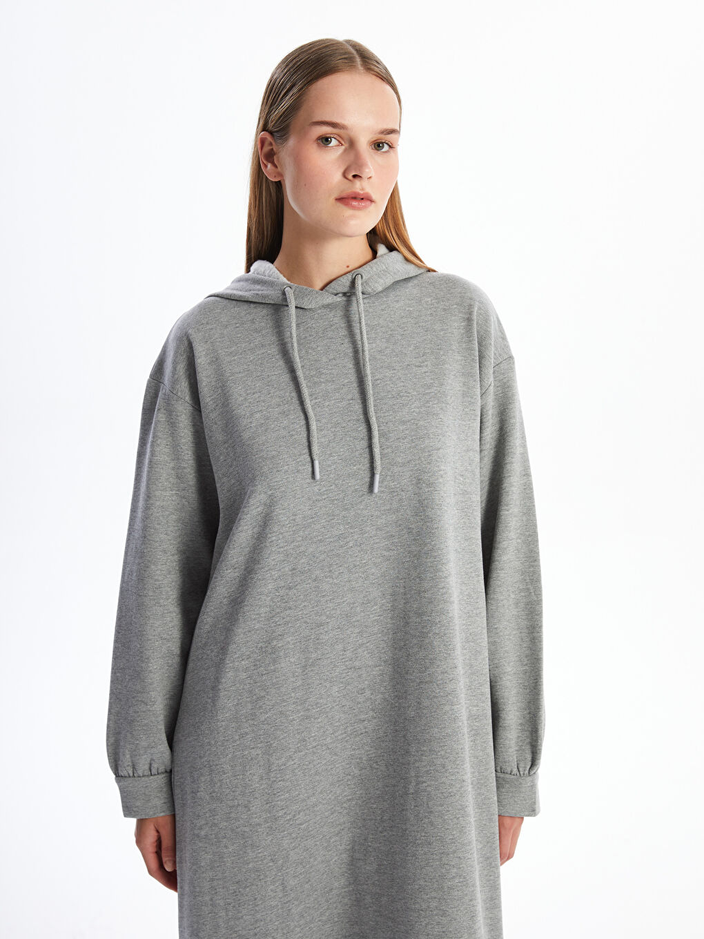 LCW Modest Gri Melanj Kapüşonlu Oversize Kadın Sweatshirt Elbise - 1