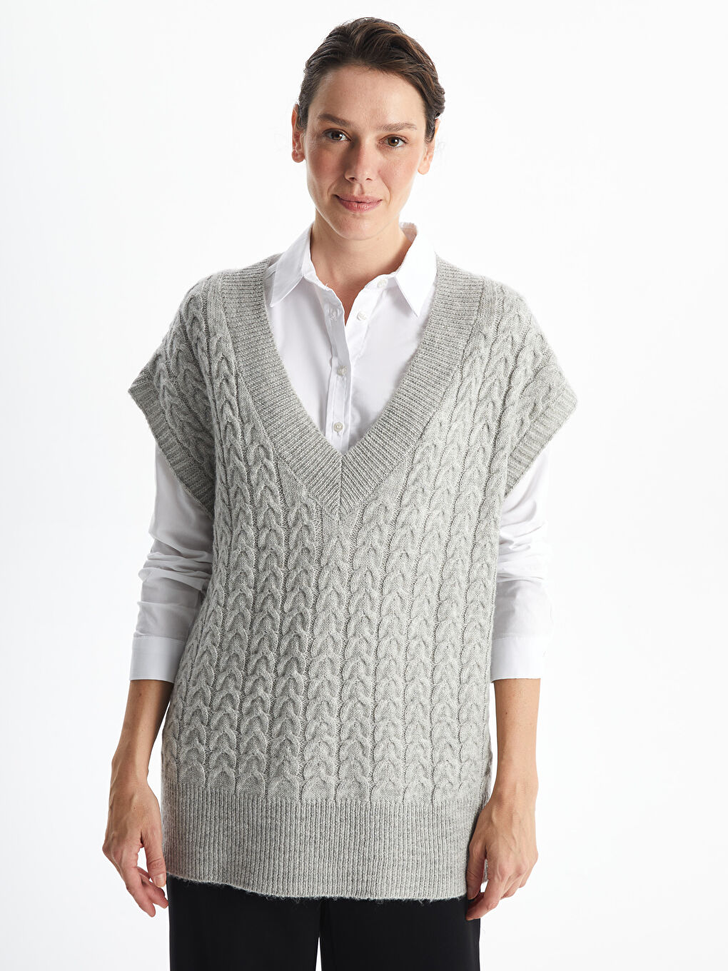 LCWAIKIKI Basic V-Neck Patterned Oversize Women's Knitwear Sweater -W4FA58Z8-JMD