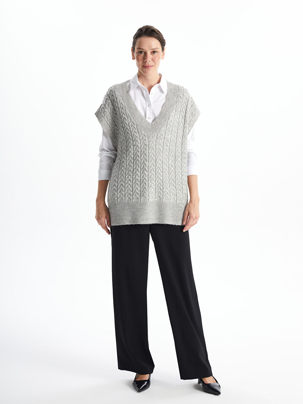 LCWAIKIKI Basic V-Neck Patterned Oversize Women's Knitwear Sweater -W4FA58Z8-JMD