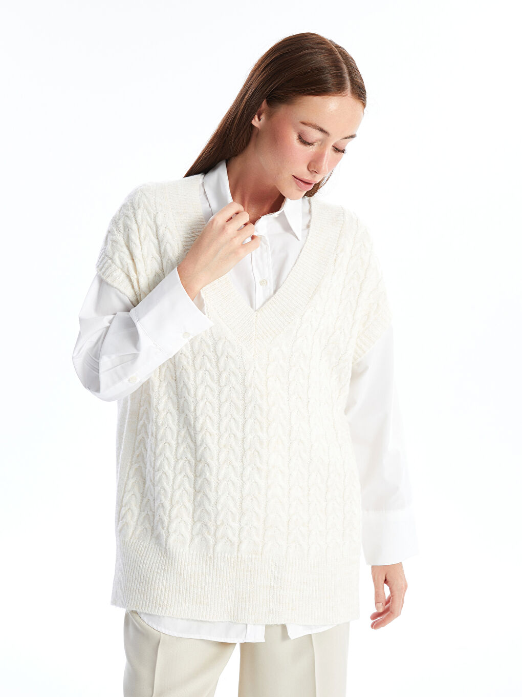 LCWAIKIKI Basic V-Neck Patterned Oversize Women's Knitwear Sweater -W4FA58Z8-R9J