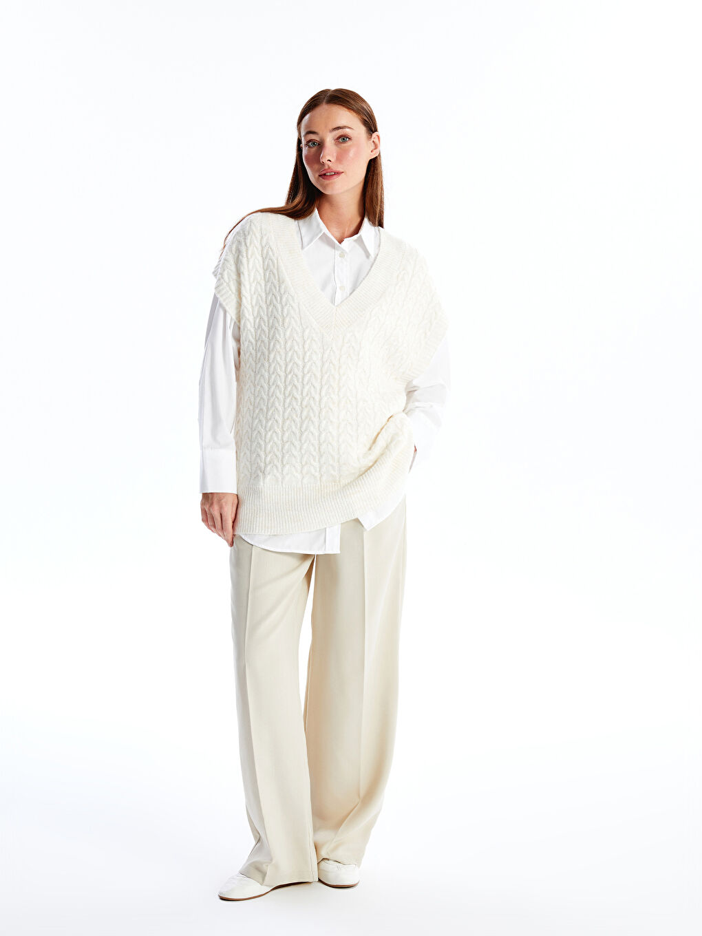 LCWAIKIKI Basic V-Neck Patterned Oversize Women's Knitwear Sweater -W4FA58Z8-R9J