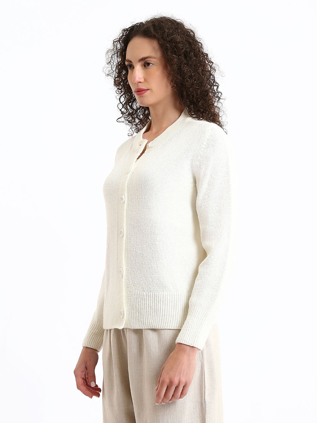 Crew Neck Plain Long Sleeve Women's Knitwear Cardigan-3
