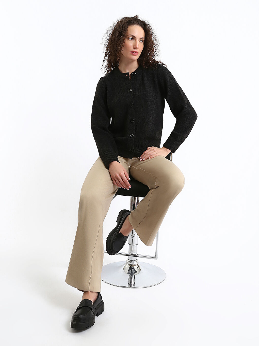 Crew Neck Plain Long Sleeve Women's Knitwear Cardigan-1