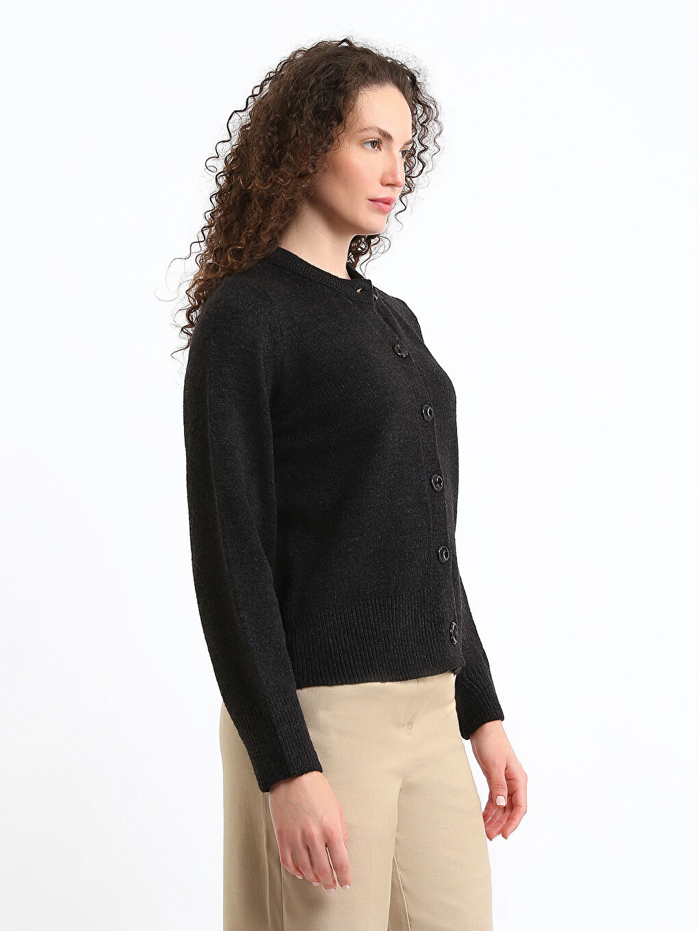 Crew Neck Plain Long Sleeve Women's Knitwear Cardigan-3