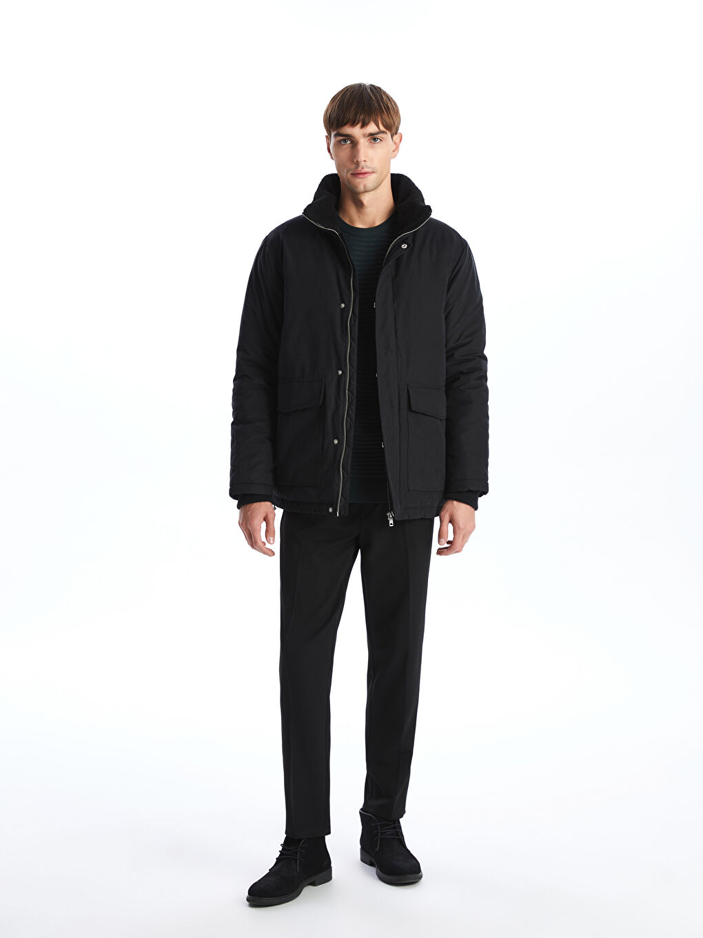 Siyah Standart Kalıp Kürk Yaka Erkek Mont-1