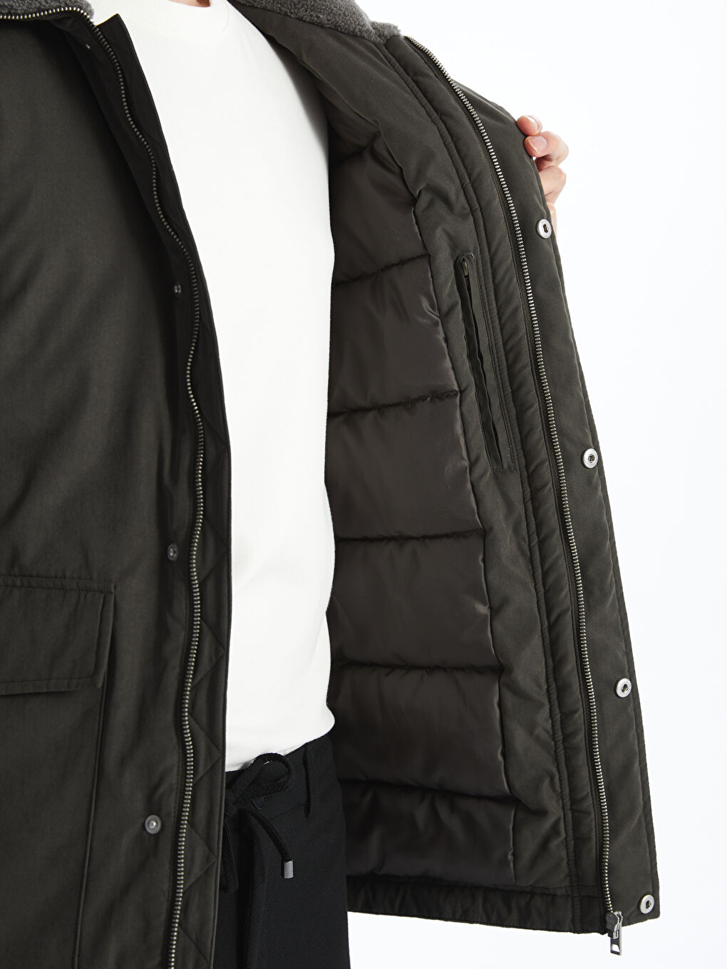 Haki Standart Kalıp Kürk Yaka Erkek Mont-3