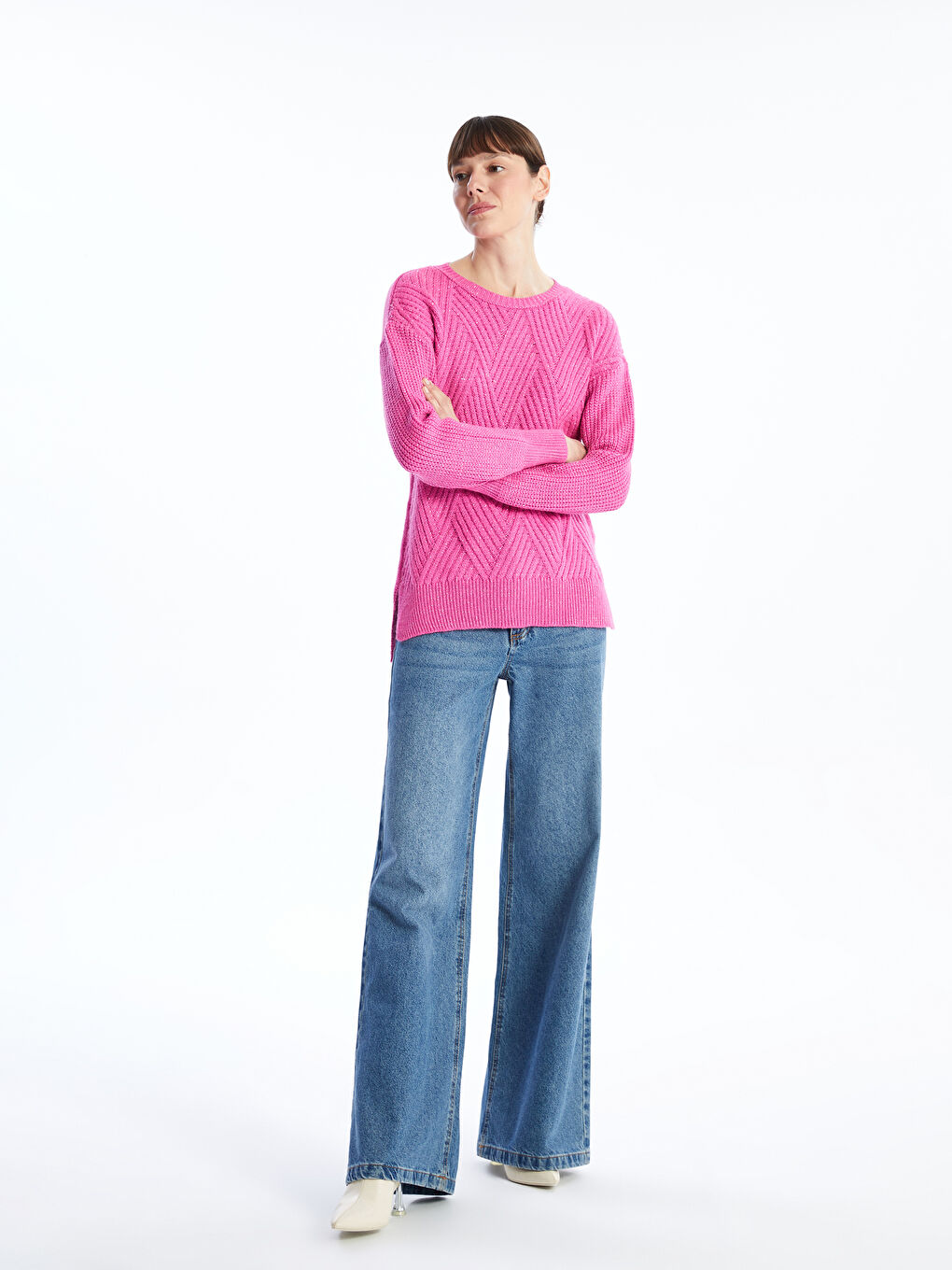 سترة تريكو منقوشة بياقة دائرية للسيدات-1