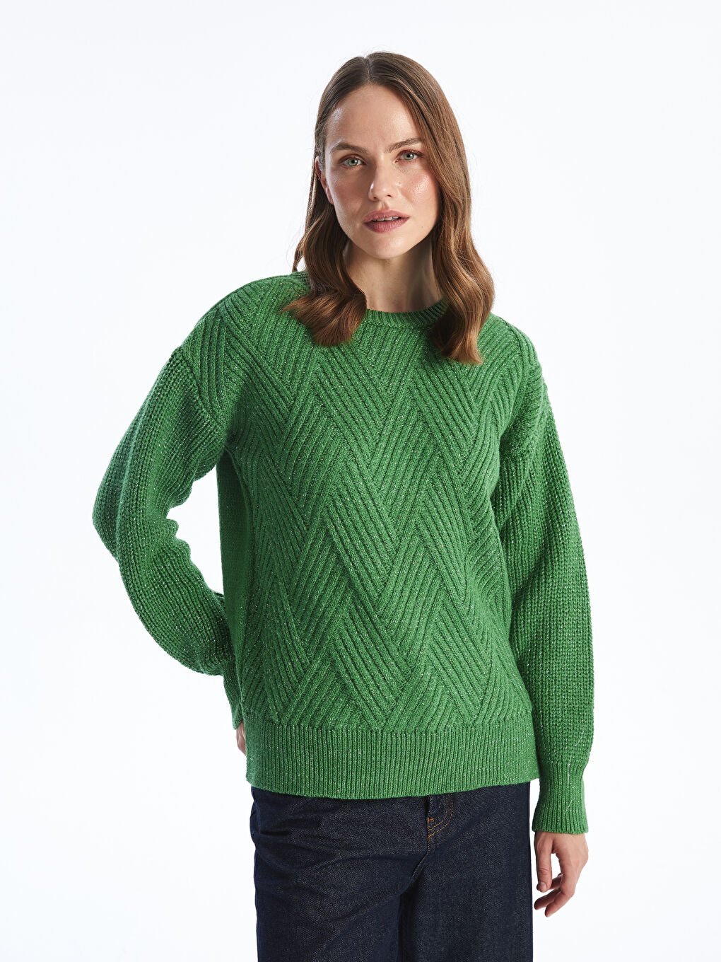 Crew Neck Self-Patterned Women's Knitwear Sweater -W4FC28Z8-YKK