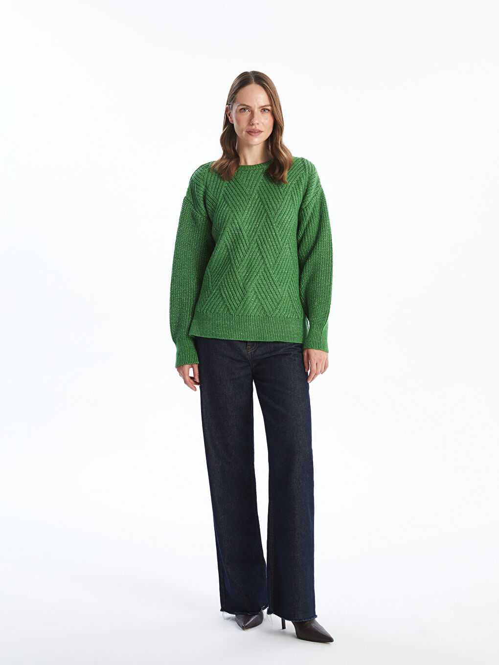 Crew Neck Self-Patterned Women's Knitwear Sweater -W4FC28Z8-YKK