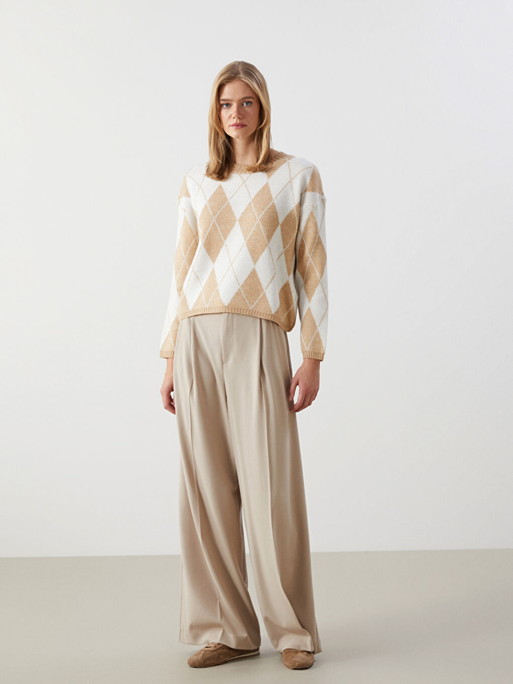 Bisiklet Yaka Baklava Desenli Kadın Triko Kazak-1