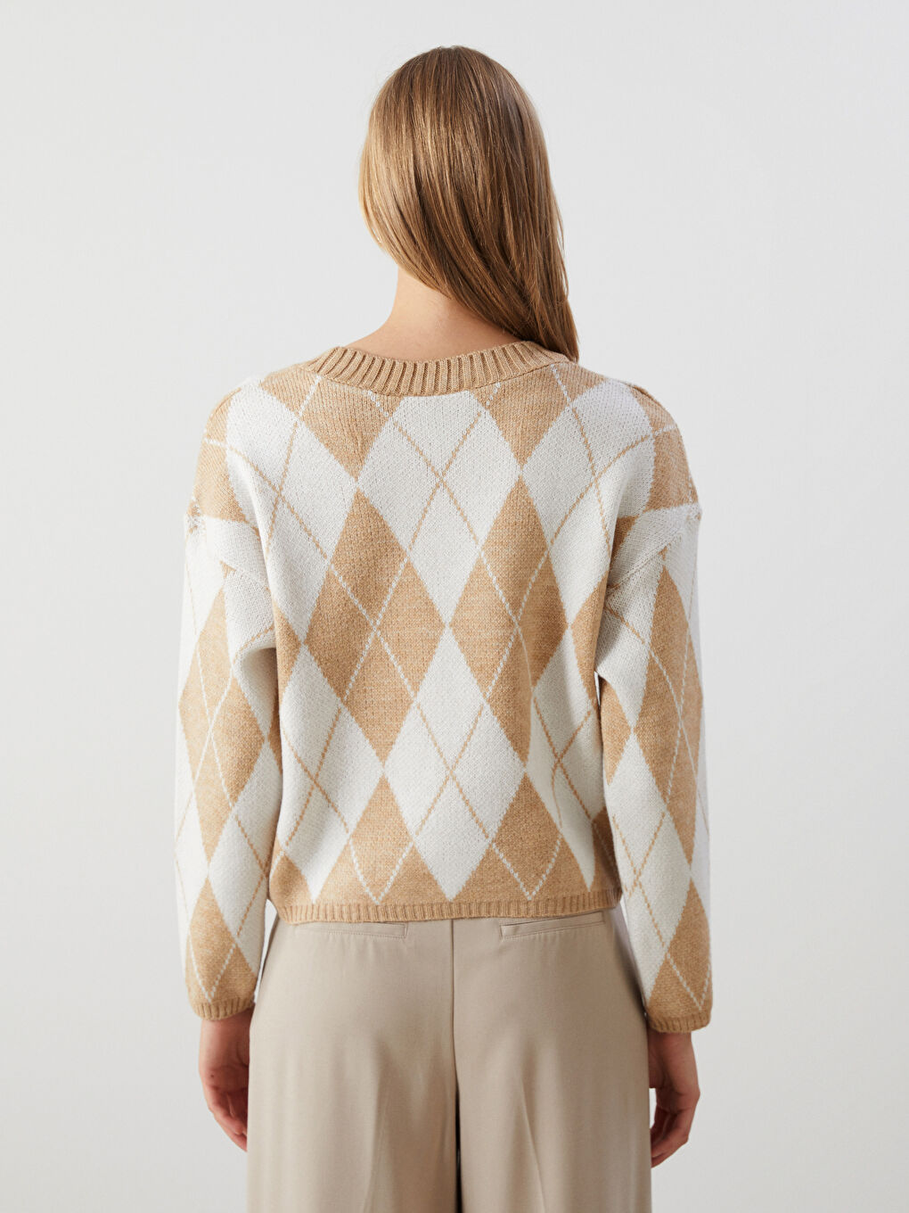 Bisiklet Yaka Baklava Desenli Kadın Triko Kazak-3